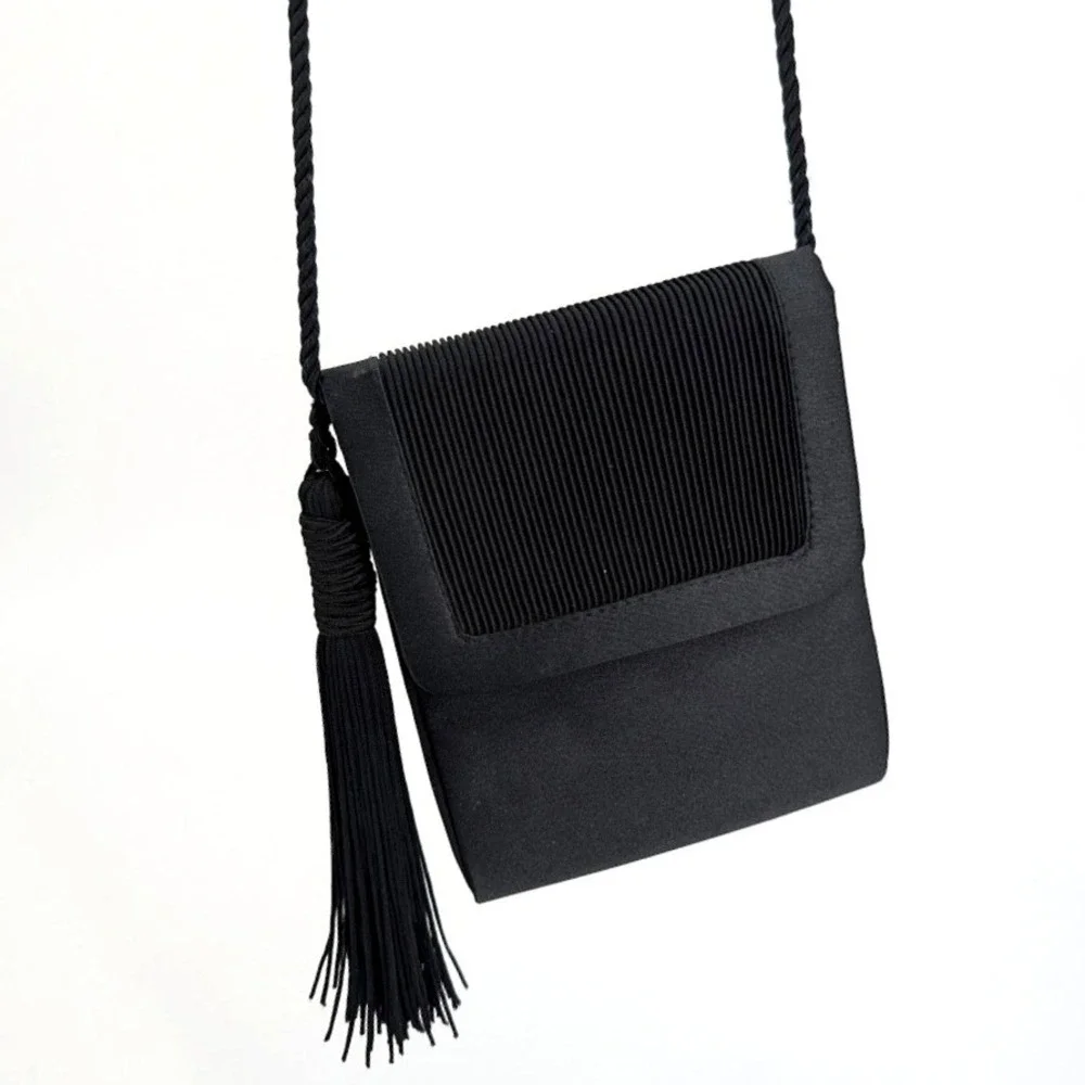 Lord & Taylor Vintage Black Satin Evening Bag Pleated Tassel Crossbody Clutch - Picture 5 of 12
